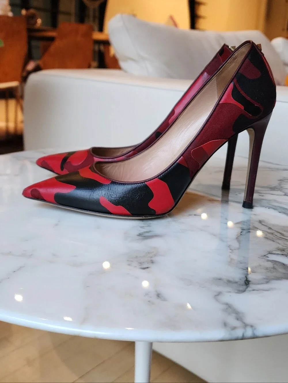 Valentino Rockstud Red & Black Camoflauge Leather Pumps Size 37.5